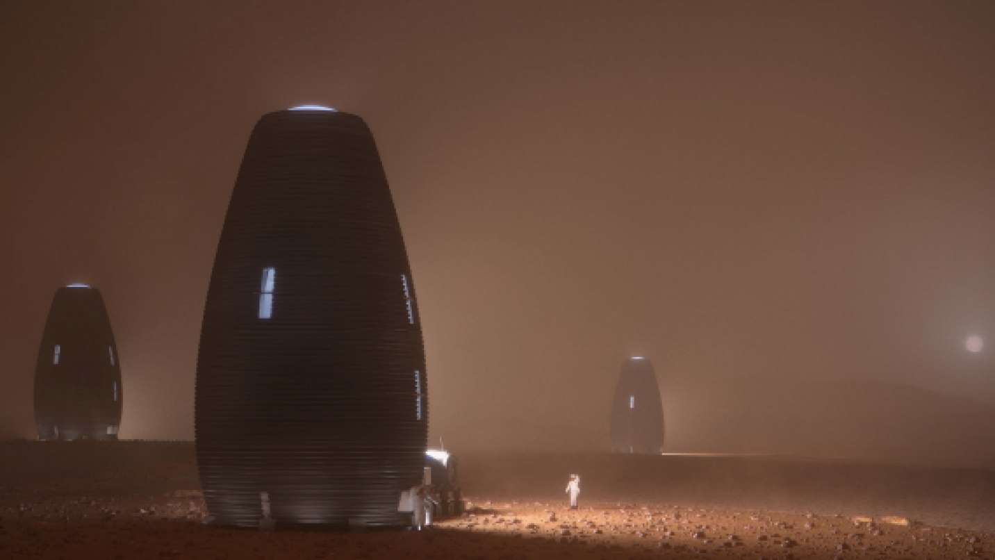 Team AI SpaceFactory won first place in the final phase of NASA's 3D-Printed Habitat Challenge with Marsha, a tall, thin proposed habitat for the surface of Mars designed to be built autonomously.